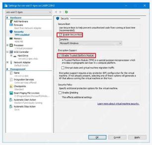 Hyper-V 虚拟机 Security 页面中 Enable Secure Boot 和 Enable Trusted Platform Module