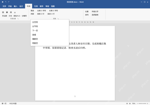 模拟 Microsoft Word 简体中文桌面版完整界面:后文需要独立版式,插入下一页分节符
