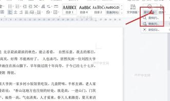 WPS文字开始选项卡中的查找替换菜单和替换入口被标出