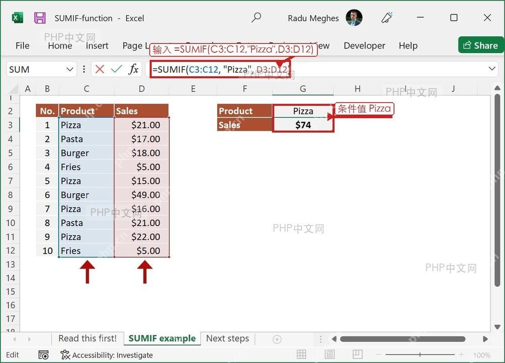 Excel 公式栏中输入 SUMIF 公式并标出条件值