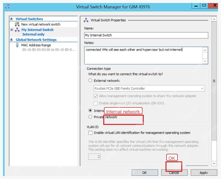 Hyper-V 虚拟交换机属性中选择 Internal network 内部网络