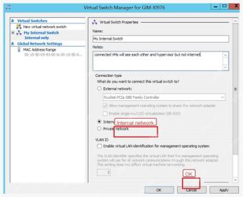 Hyper-V 虚拟交换机属性中选择 Internal network 内部网络