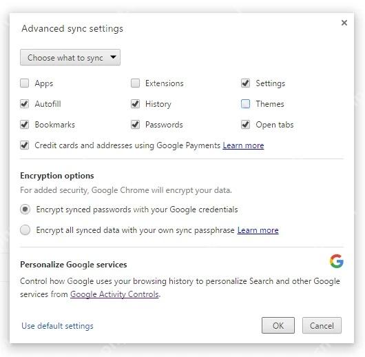 Chrome 同步与加密设置确认界面