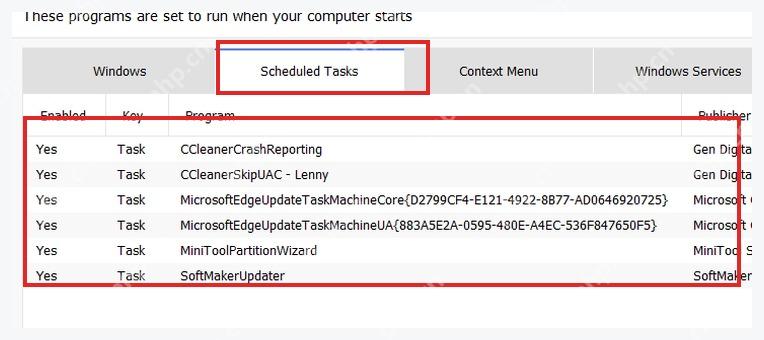 CCleaner Windows 电脑端 Startup Scheduled Tasks 标签下的任务列表