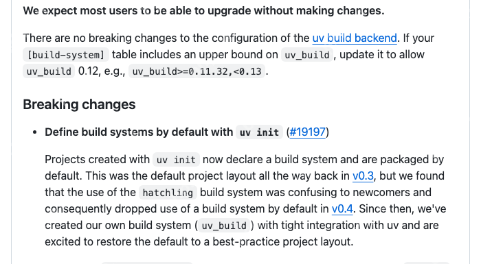 uv 0.12.0 官方发布说明展示 uv init 的构建系统默认设置