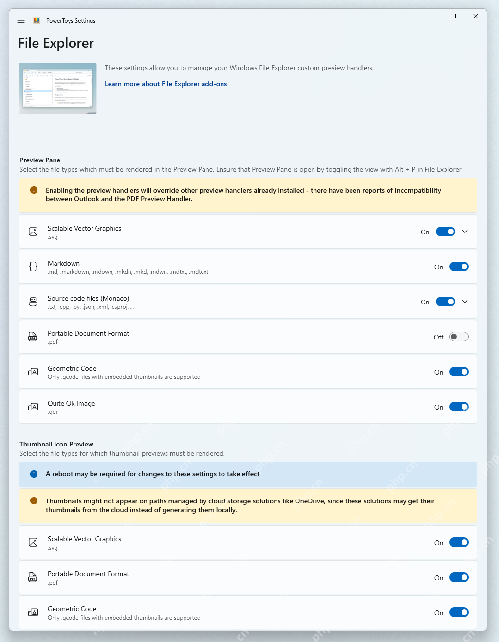 PowerToys File Explorer add-ons 中 Portable Document Format 预览开关