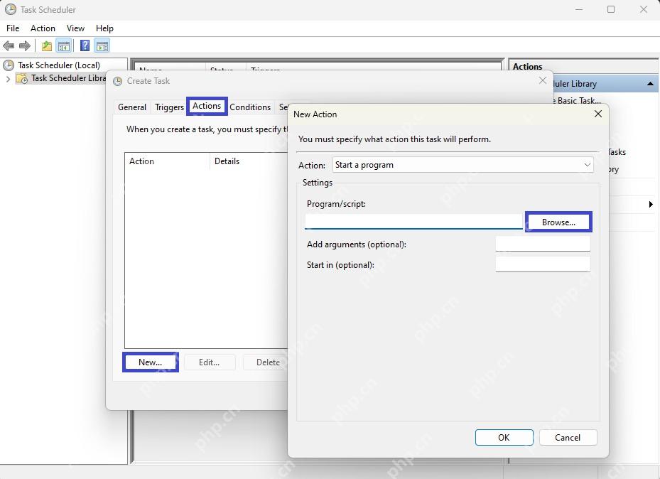 Win11 任务计划程序新建操作选择 Start a program 并填写程序路径
