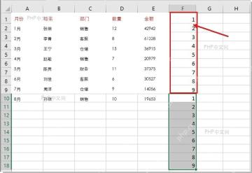 Excel 工作表右侧 F 列添加 1 到 9 的辅助序号，用于第一步定位原始数据行