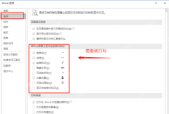 Word 选项显示页面中的段落标记和显示所有格式标记设置