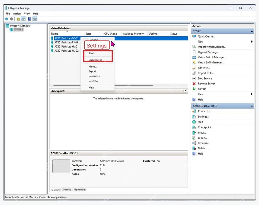 Hyper-V 管理器虚拟机右键菜单中的 Settings 设置入口