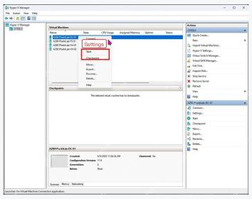 Hyper-V 管理器虚拟机右键菜单中的 Settings 设置入口