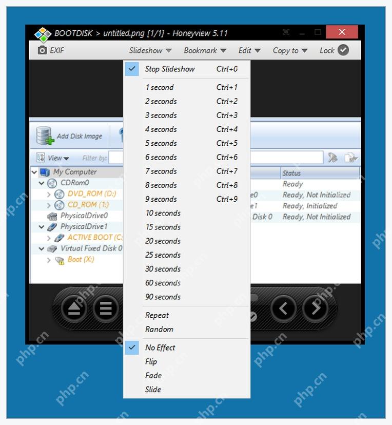 Honeyview Slideshow 菜单中的 1 到 90 秒播放间隔和 Repeat 选项
