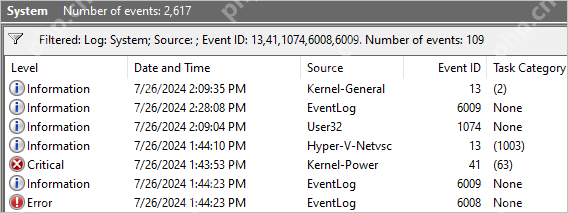 Windows 事件查看器系统日志列表显示来源和事件 ID