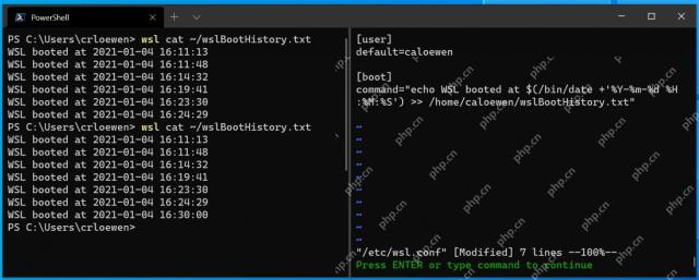 PowerShell 与 wsl.conf 配置并列显示 WSL 启动命令日志