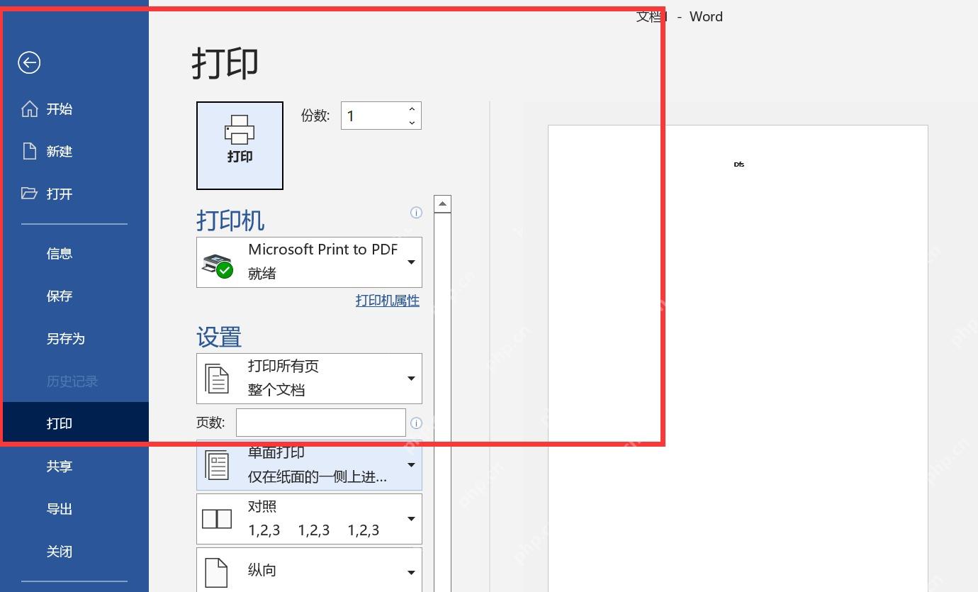 Word文件打印页面中左侧显示打印机和设置区域