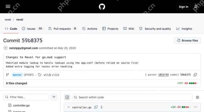 Revel 官方提交记录写明 go.mod 支持、模块查找改读 app.conf 以及增加路由错误日志,证明 v1.0.0 相关实现变化