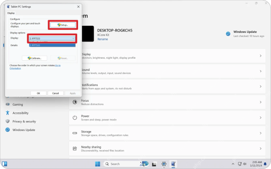 Tablet PC Settings 中选择触摸显示器并点击 Setup