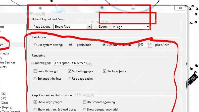 Adobe Acrobat Page Display 设置窗口,顶部 Default Layout and Zoom 中的 Zoom 下拉框被标出,对应修改 PDF 默认缩放比例