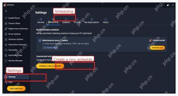 CCleaner 7 Windows 电脑端 Settings 的 Scheduling 标签和 Create a new schedule 按钮