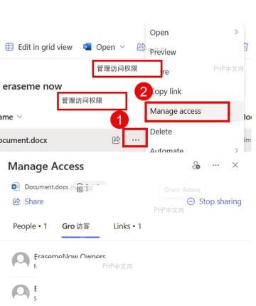 SharePoint 文档库管理访问权限面板中查看成员权限