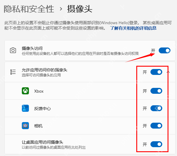 Win11 摄像头权限页中的摄像头访问和应用访问开关