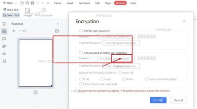 WPS PDF 加密窗口中编辑提取密码、权限限制项和确认按钮被标出，服务于第四步限制编辑并确认