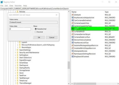 Win10 注册表 Search 项中 BingSearchEnabled 和 CortanaConsent 相关值