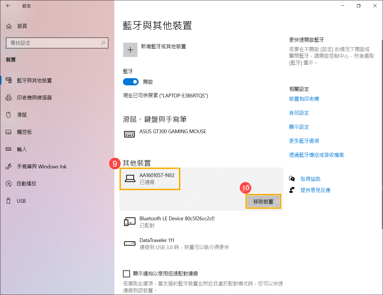 Windows 蓝牙和其他设备页面中旧设备条目的移除设备按钮