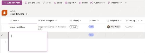 Microsoft Lists 网格视图中批量录入列表项目并显示状态负责人日期字段