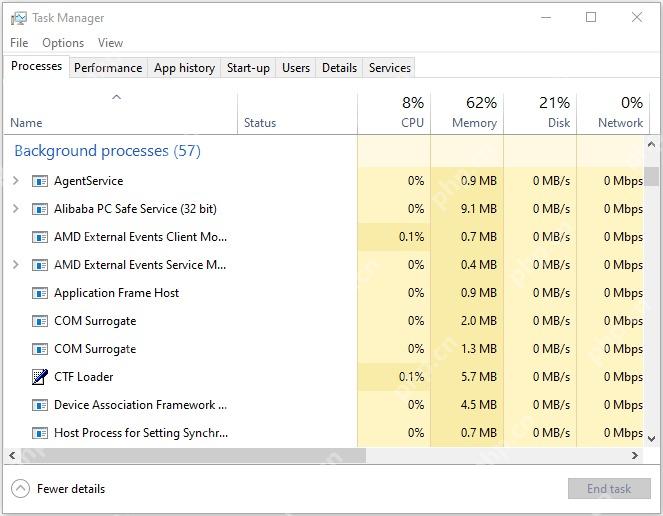 Win10 任务管理器进程页显示后台进程和 CPU 内存占用
