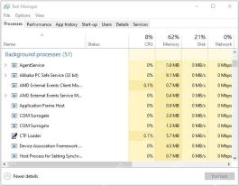 Win10 任务管理器进程页显示后台进程和 CPU 内存占用