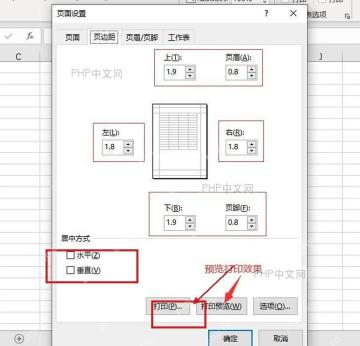 Excel 页面设置窗口中的打印预览和确定按钮