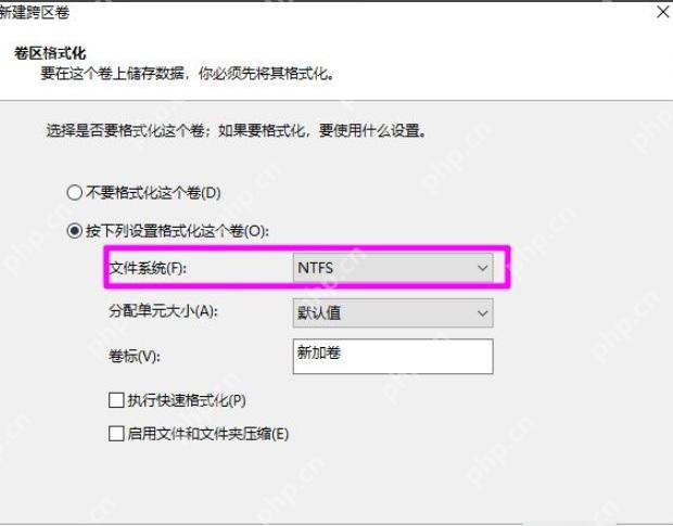 跨区卷向导的格式化页面选择 NTFS 文件系统
