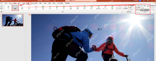 PowerPoint动画选项卡中把文字动画开始方式设置为与上一动画同时