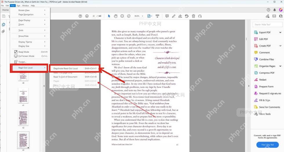 Acrobat Reader 视图菜单里的朗读全文和激活朗读全文入口被标出