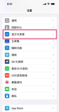 iPhone 设置列表中显示与亮度入口被粉色框标出