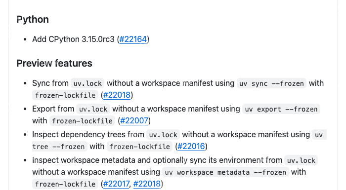 Astral uv 0.12.23 发布记录列出 frozen-lockfile 预览命令扩展