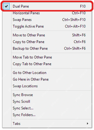 XYplorer Panes 菜单中的 Dual Pane 选项。