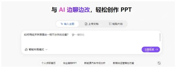 WPS AI PPT 生成页显示输入主题、上传文档、粘贴大纲和智能布局模式