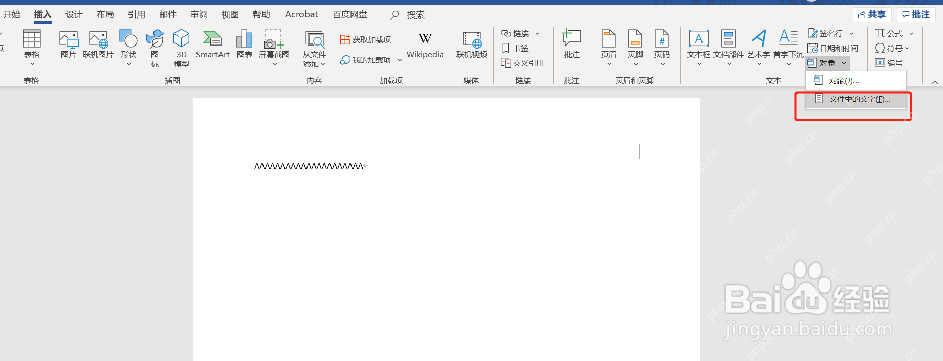 Word 插入对象选择文件中的文字