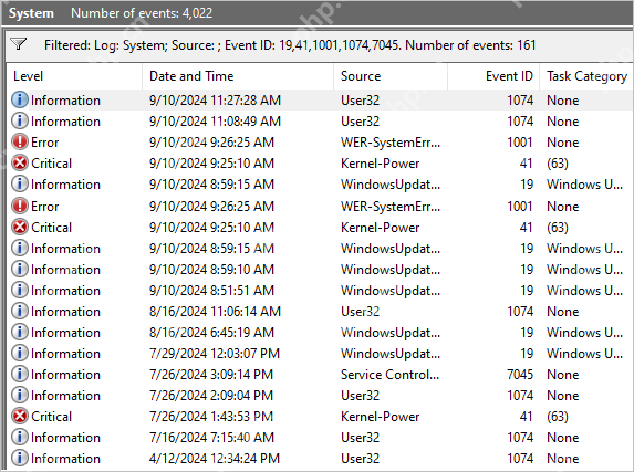 Windows 事件查看器系统日志里按级别和来源筛选记录