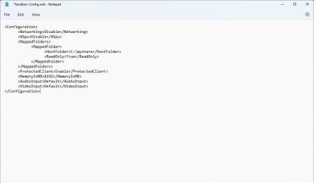Win11 记事本打开 Windows 沙盒 wsb 配置文件并显示 Networking Disable 标签