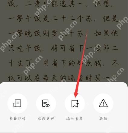 番茄免费小说阅读页底部菜单，添加书签按钮被红框和箭头标出