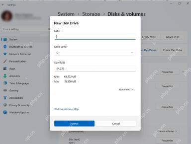 Windows 11 新建 Dev Drive 对话框填写卷标盘符容量并格式化 ReFS