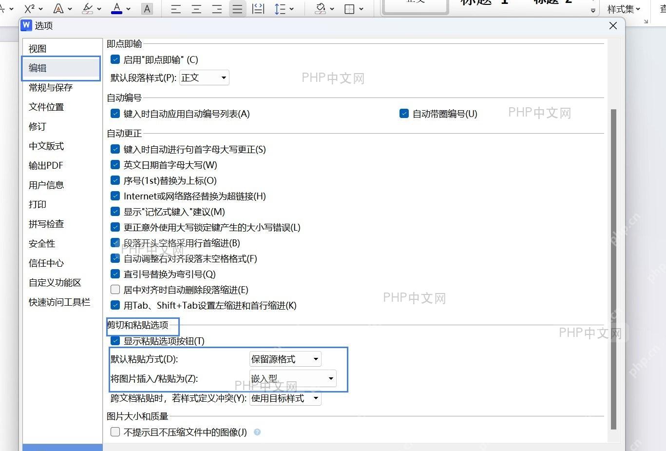 在‘Word 选项’窗口中找到‘编辑’标签并定位到‘剪切和粘贴选项’