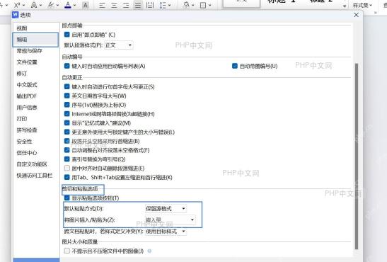 在‘Word 选项’窗口中找到‘编辑’标签并定位到‘剪切和粘贴选项’