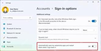 Win11 登录选项中自动保存可重启应用开关已经关闭