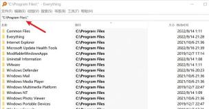 搜索框和路径列都显示 C:\Program Files,证明按目录范围搜索。 Everything 中文主窗口搜索框输入 C:\Program Files\,结果路径集中在该父目录。