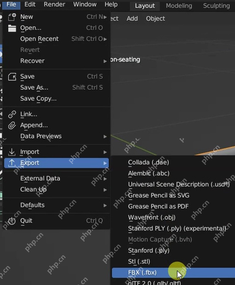 Blender File 菜单展开 Export 子菜单并显示 glTF 2.0 导出入口