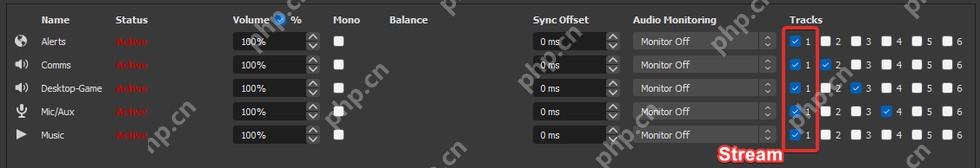 OBS Studio Advanced Audio Properties 窗口显示音频来源和 Tracks 1 到 6 复选框